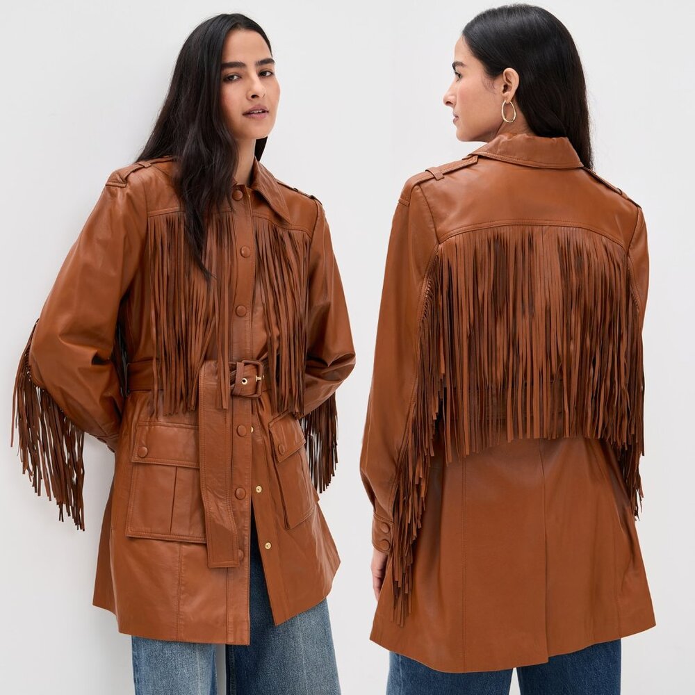 FARM Rio Brown Fringe Leather Coat